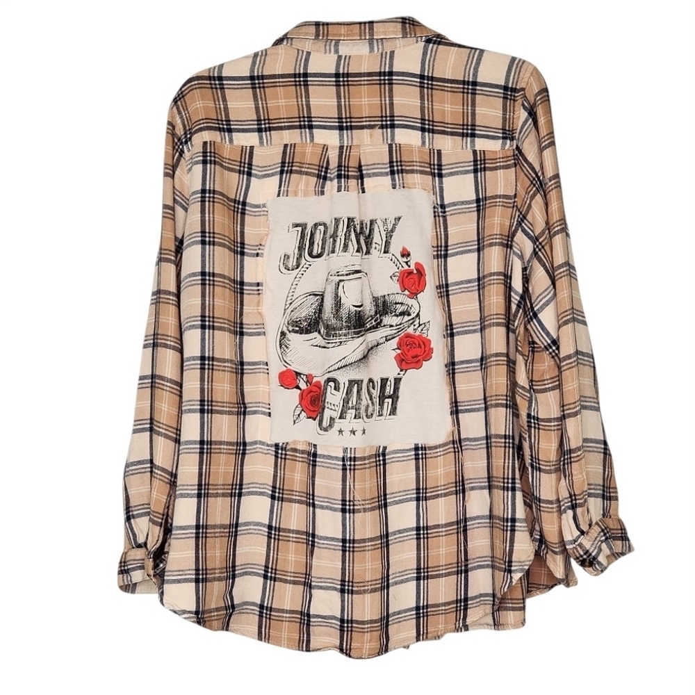 Boneyard Threadz Tan Plaid Flannel With Johnny Cash Graphic Size 2X 20w-22w
